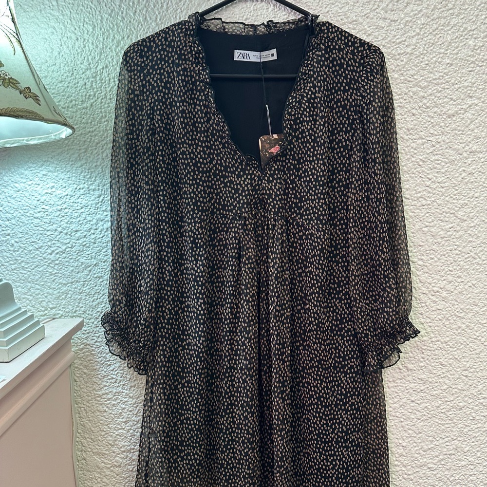 Zara Black and Neutral Polka Dot Ruffled Empire Sundress XS